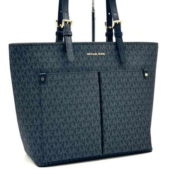 Michael Kors Jet Set Medium Pocket Tote Bag Black Signature - Picture 4 of 10